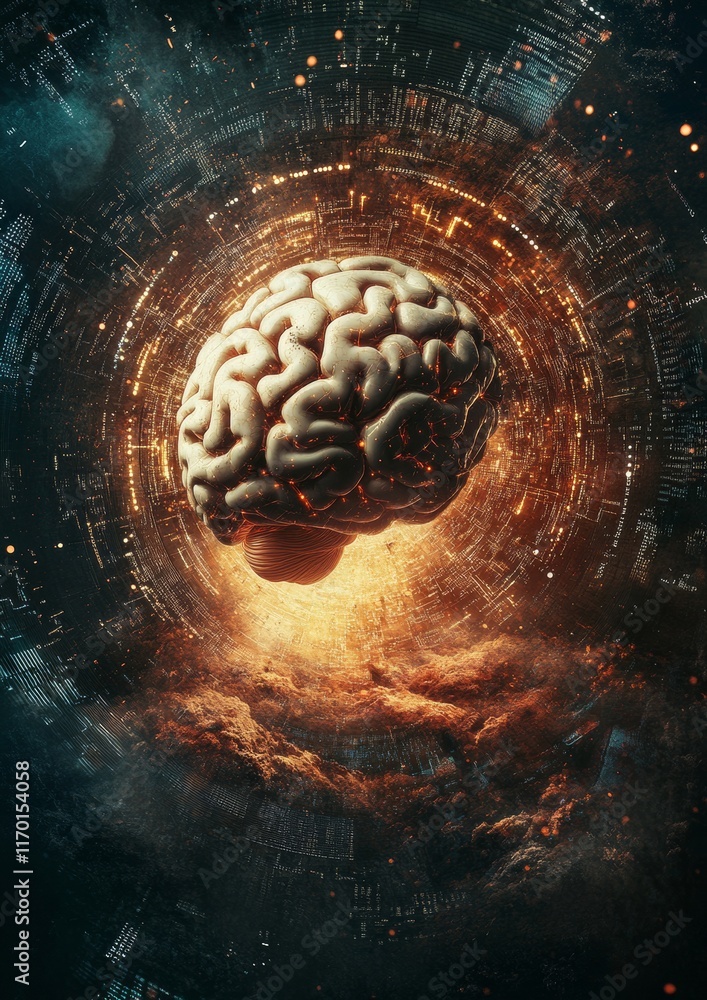Aufkleber surreal brain in digital vortex with binary code and fragments