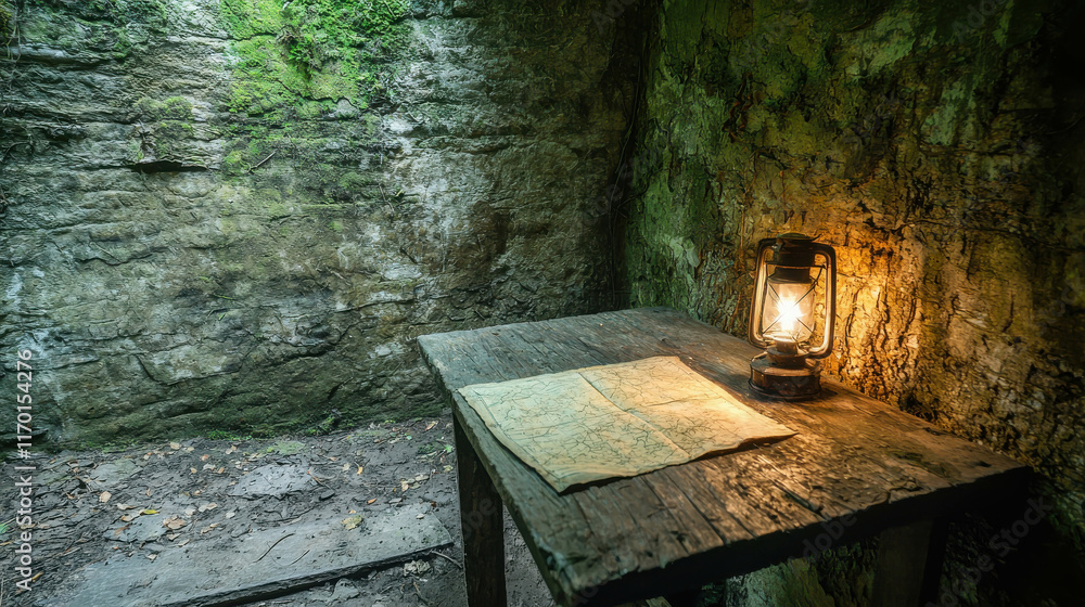 Poster mysterious underground room with lantern and map in illuminated setting