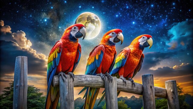 Starry expanse cradles three arara macaws; their vivid feathers a fiery contrast to the inky black.