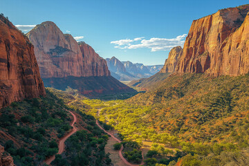 Breathtaking view of Zion Canyon with lush greenery and towering cliffs during daylight