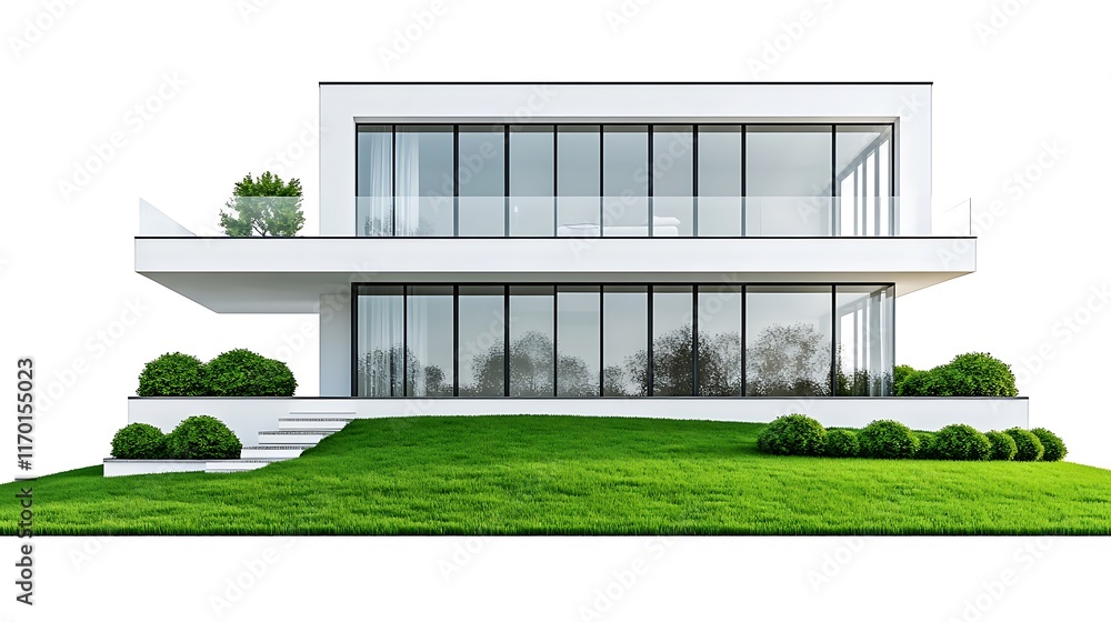 Poster modern architectural design featuring a sleek house with large windows and greenery.