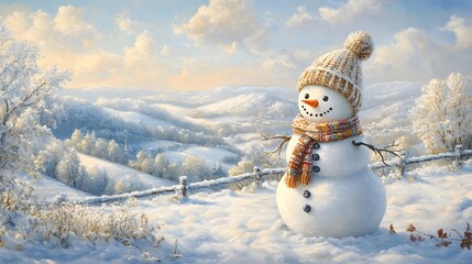 Obraz premium A Winter Snowman Overlooks Snowy Hills And Valley