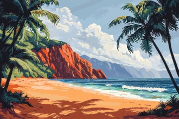 A vibrant cartoon-style beach scene featuring golden sands, dramatic red cliffs, and swaying palm trees, evoking tranquility and tropical charm. .