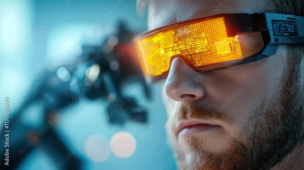 Poster an engineer wearing an augmented reality headset monitoring data and controlling robots in a smart f