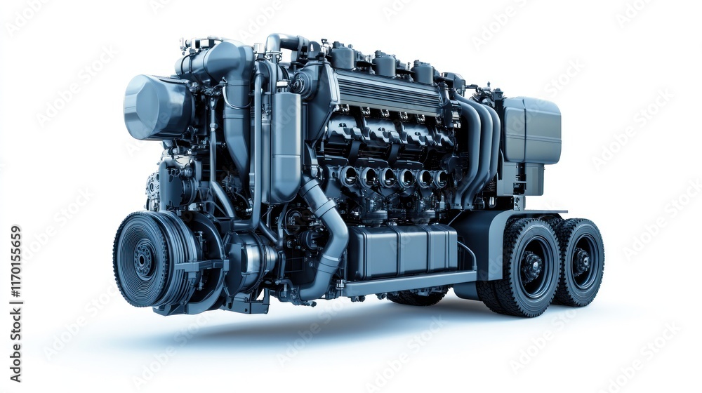 Poster a detailed 3d rendering of a large industrial engine showcasing its components.