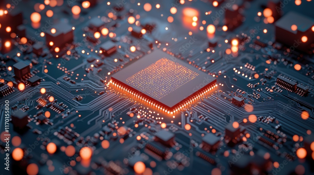 Poster a close up of a computer circuit board with glowing leds, symbolizing processing power and the rapid
