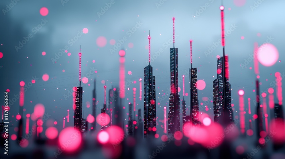 Poster futuristic cityscape with glowing data streams connecting buildings, representing a smart city and t