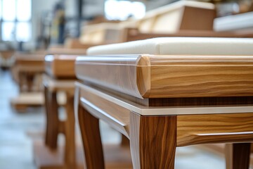Close-up of a wooden piece of furniture highlighting fine craftsmanship in a furniture workshop