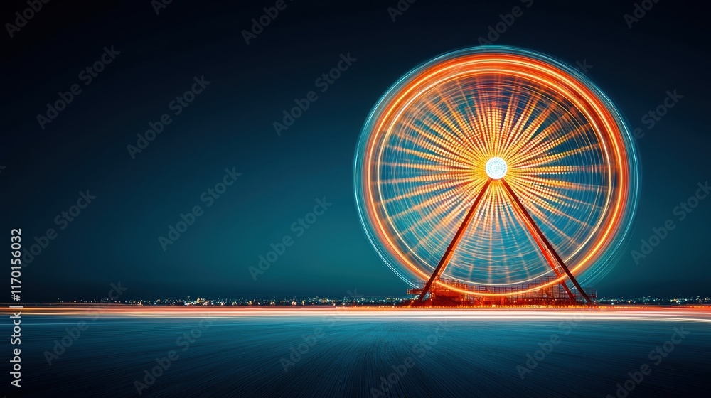 Poster a motion blurred image of a ferris wheel rotating at night, with the lights creating a circular patt