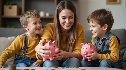 Fototapeta premium family with piggy bank savings concept