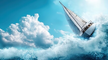 A sailboat heeling over in a strong wind, with its sails full and the water foaming at its bow.