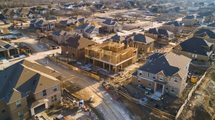 Obraz premium A suburban neighborhood under development, showing multiple homes in construction, from foundation work to framed walls and partially installed roofs