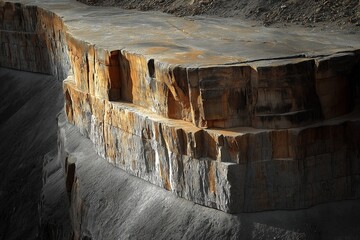 Rock formations in a quarry showcasing layered textures and geological details in natural sunlight