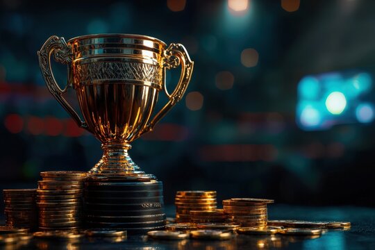 A golden trophy placed on stacked coins in a brightly lit stadium, representing rewards and success in e-sports betting and competitions.  .