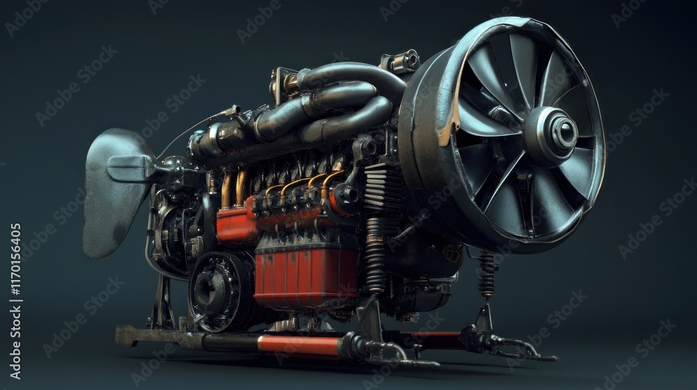 Poster a detailed 3d rendering of an aircraft engine showcasing its mechanical components.