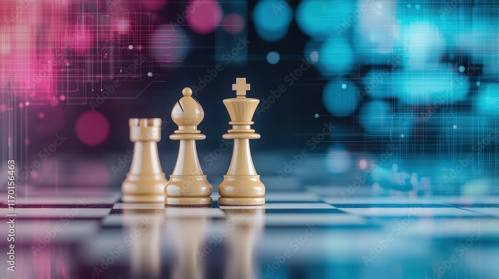 Poster a conceptual image of a chessboard with ai and hacker pieces facing off, representing the ongoing ba