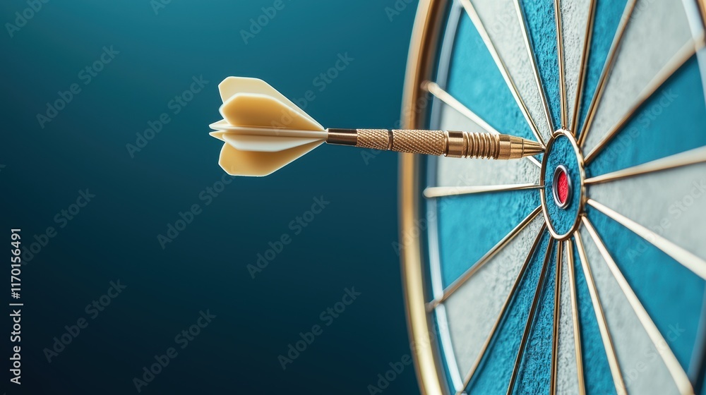 Poster a dart hitting a bullseye on a dartboard, with the impact captured in a split second and the surroun