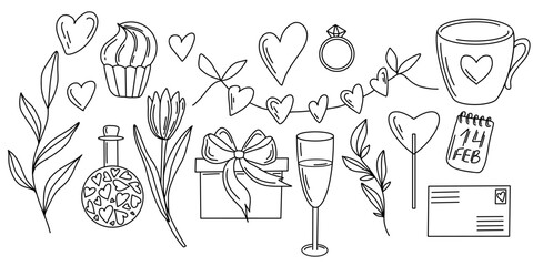 Hand drawn Valentine vector with hearts, bows, leaves, gifts, and a cupcake in black and white doodle style. Ideal for cards, invitations, scrapbooking, DIY crafts, and digital art projects