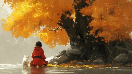 Fototapeta premium A girl in red sitting by a vibrant autumn tree with a dog.