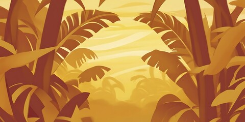 Golden sunset view through tropical foliage, background path, game design.