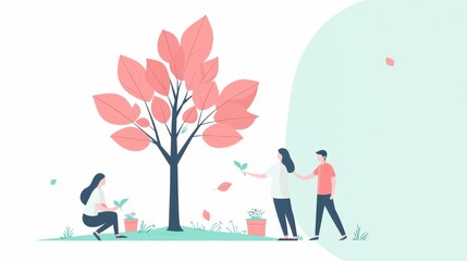A group of volunteers working together to clean up a park, picking up trash and planting trees, demonstrating teamwork and community spirit.
