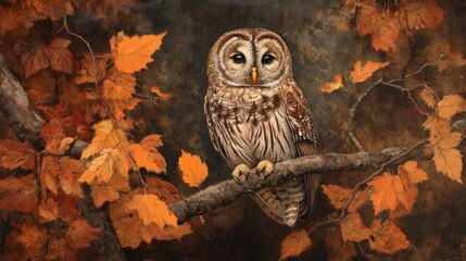 A Tawny Owl in its natural habitat, perched silently on a branch with autumn leaves surrounding it