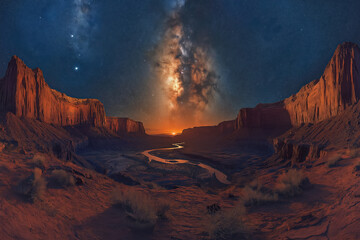 Night sky displays vibrant colors over canyons and river in a remote desert location
