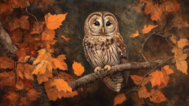 A Tawny Owl in its natural habitat, perched silently on a branch with autumn leaves surrounding it