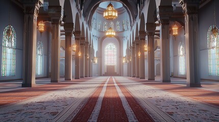 The Kaaba in Mecca, with the surrounding arches and columns casting intricate shadows in the early morning light.