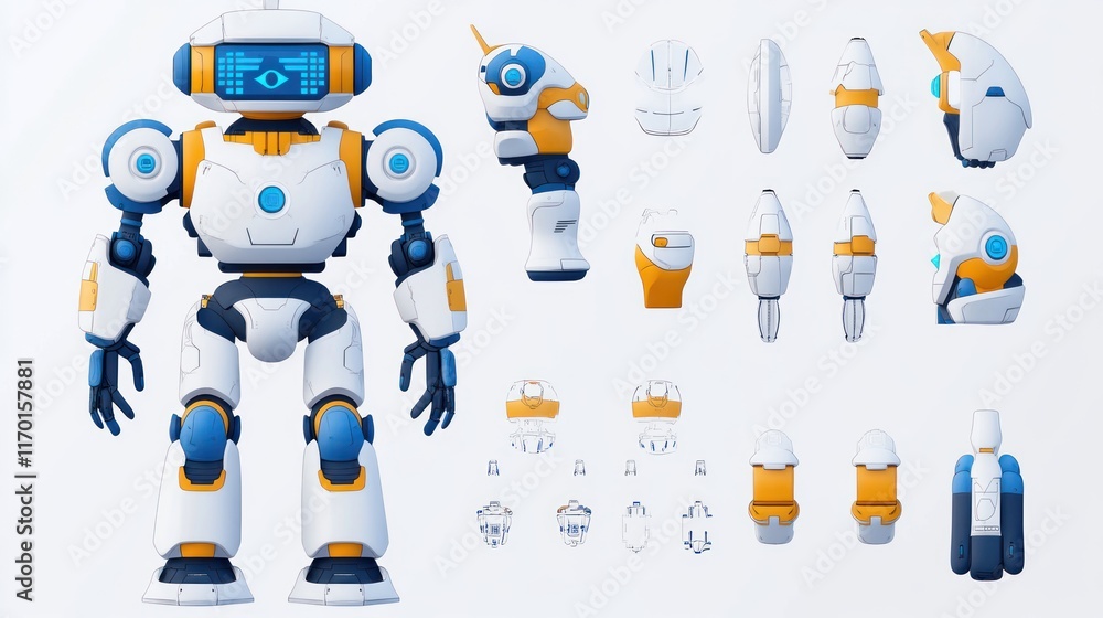 Poster A detailed design of a friendly robot character with various parts and accessories.