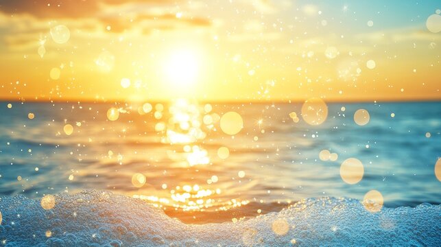 Abstract summer tropics blue yellow sky sunset or sunrise sparkle sun shine burst bokeh party invite or sunny holiday sale background texture over sea surf ocean beach pool or water bubbles pattern