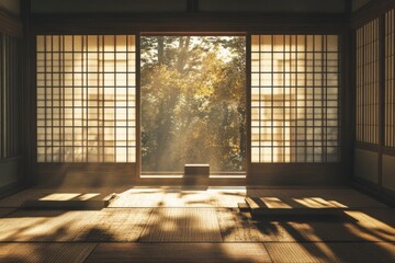 Authentic Japanese house with intricate shoji doors, natural lighting enhancing the textures of wood and tatami mats