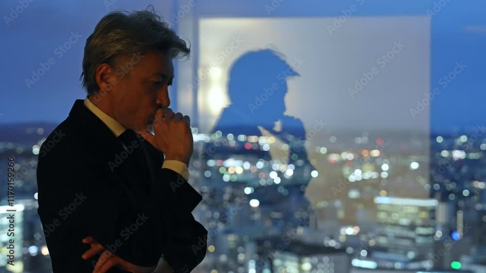 Aufkleber ビジネスパーソン、社長、経営者、夜景、都市、考える、疑問、不安、心配、経営、マネジメント、ホテル、オフィス、ラウンジ、ロビー、展望、人材、シニア、中高年、ミドルエイジ、エグゼクティブ、人手不足、事業承継、悩む、悩み、困る、不満、トラブル、問題、課題、憂鬱、落ち込む、ストレス、がっかり、残念、緊張、暗い、シリアス、社会、イライラ、男性、日本人、ビジネスマン、仕事、働く、残業、ネガティブ、かっこいい、