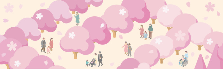 バナー　フレーム　アイソメトリック　人物　家族　子供　春　お花見　さくら　桜　背景　イラスト素材