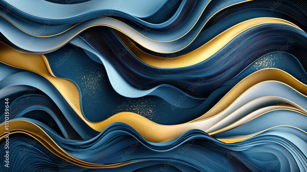 Poster dynamic abstract patterns with intertwining waves in blue and gold tones