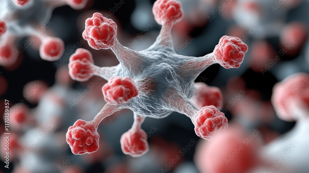 Poster detailed microscopic view of a red and white virus cell structure showing intricate details
