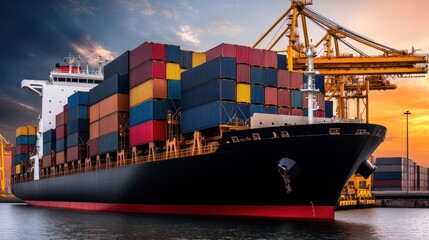 Fototapeta premium Immense container ship traversing the open ocean, a glimpse into global maritime commerce