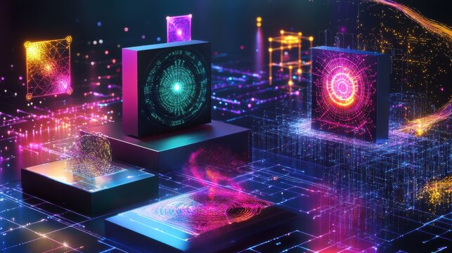 A vibrant scene of quantum machine learning processes, with algorithmic models displayed alongside a quantum processor