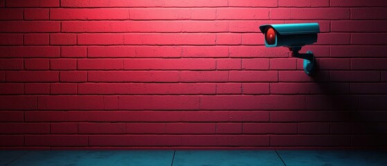 A security camera mounted on a red wall, casting a shadow, emphasizing surveillance and vigilance in an urban setting.