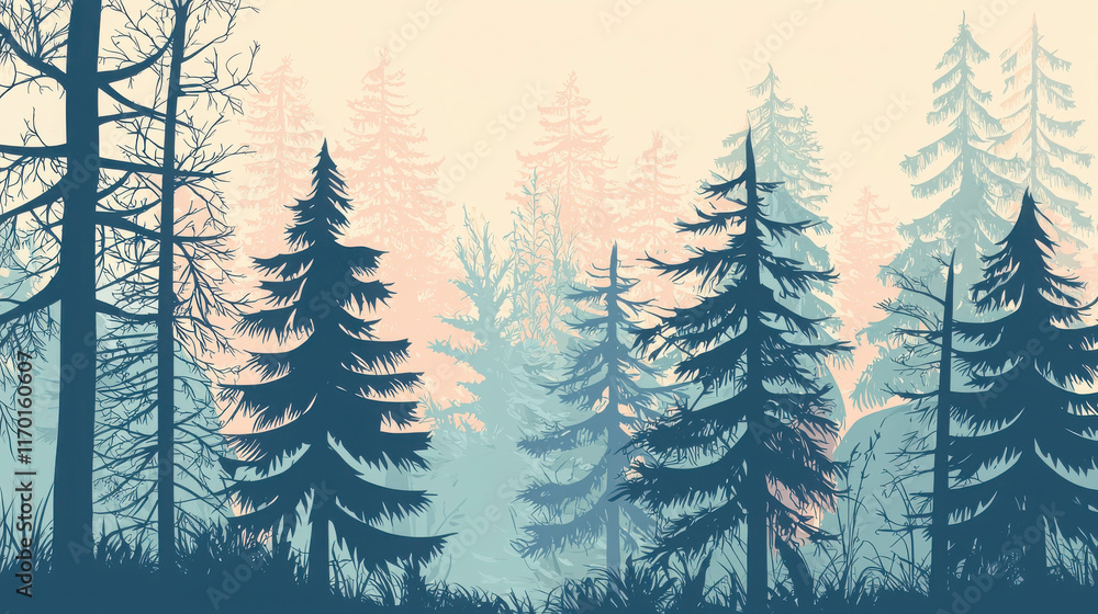Poster flat design of evergreen forest in soft colors with nature exploration elements