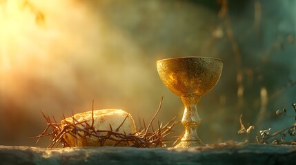 Golden Chalice Bread Crown of Thorns Sunset Setting