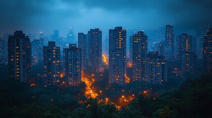 Fototapeta premium Night Cityscape Illuminated Towers Amidst Verdant Trees