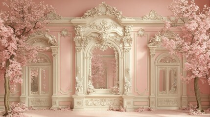 Naklejka premium Elegant interior with pink decor and cherry blossom trees.