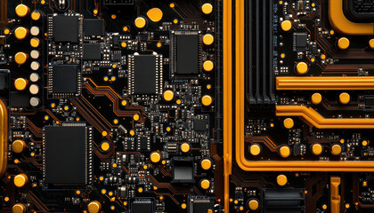 Fototapeta premium A close-up of a black circuit board featuring intricate patterns of orange pathways and various electronic components.