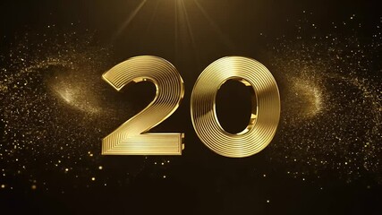 Mark 20 years milestones shimmering golden particles forming numbers stunning high quality 4K motion graphic alpha transparency