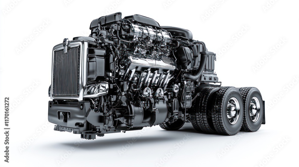 Poster a detailed rendering of a large truck engine showcasing its mechanical components.