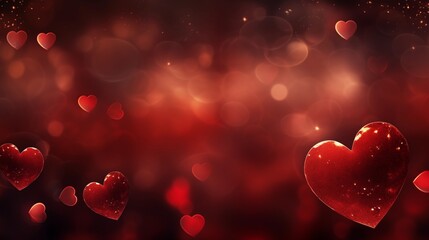 Obraz premium Glowing red hearts floating amidst a warm, dreamy background with bokeh effects.