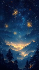 Naklejka premium Starry night over majestic mountains serene landscape natural beauty dreamy environment tranquil viewpoint