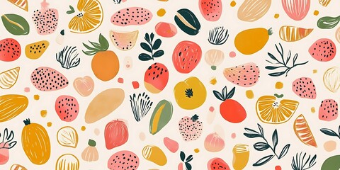 Colorful fruit pattern, digital art, website background.