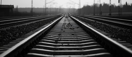 A black and white photograph of railway tracks stretching into the distance, framed by a soft, blurred horizon and trees.